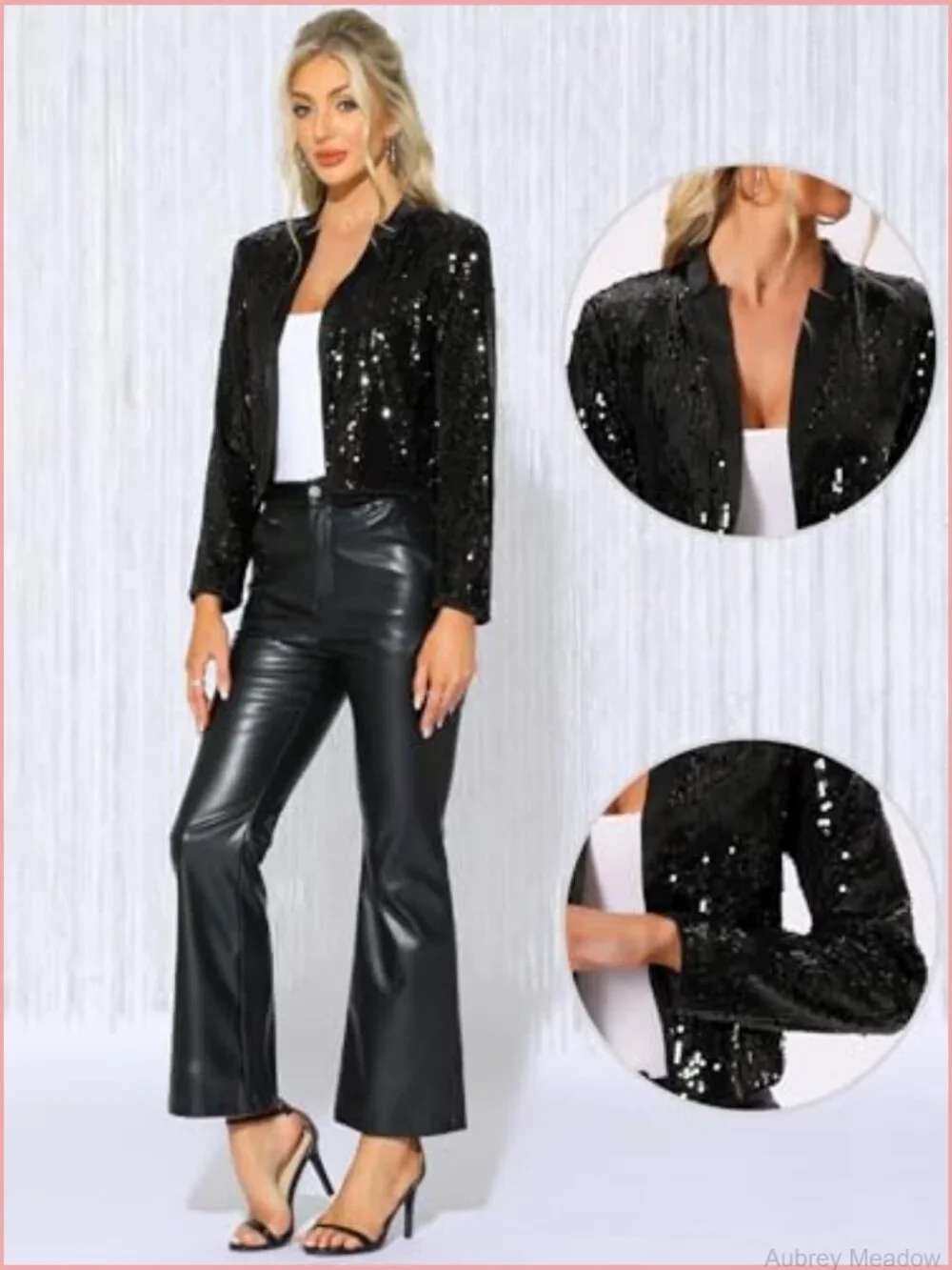 Sequin Crop Blazer Long Sleeve Open Front Party Jacket